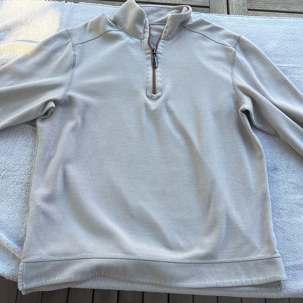 Women’s tan Tommy Bahama quarter zip pull over, large.